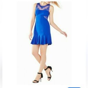 BCBG Enida Royal Blue Illusion Neck Cutout Ruffle Shift Dress Sleeveless Mini